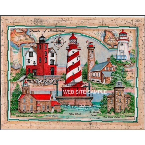 Donna Elias Series Mug Lighthouses of the Straits of Mackinac Sea Chart Collage - Picture 2 of 11